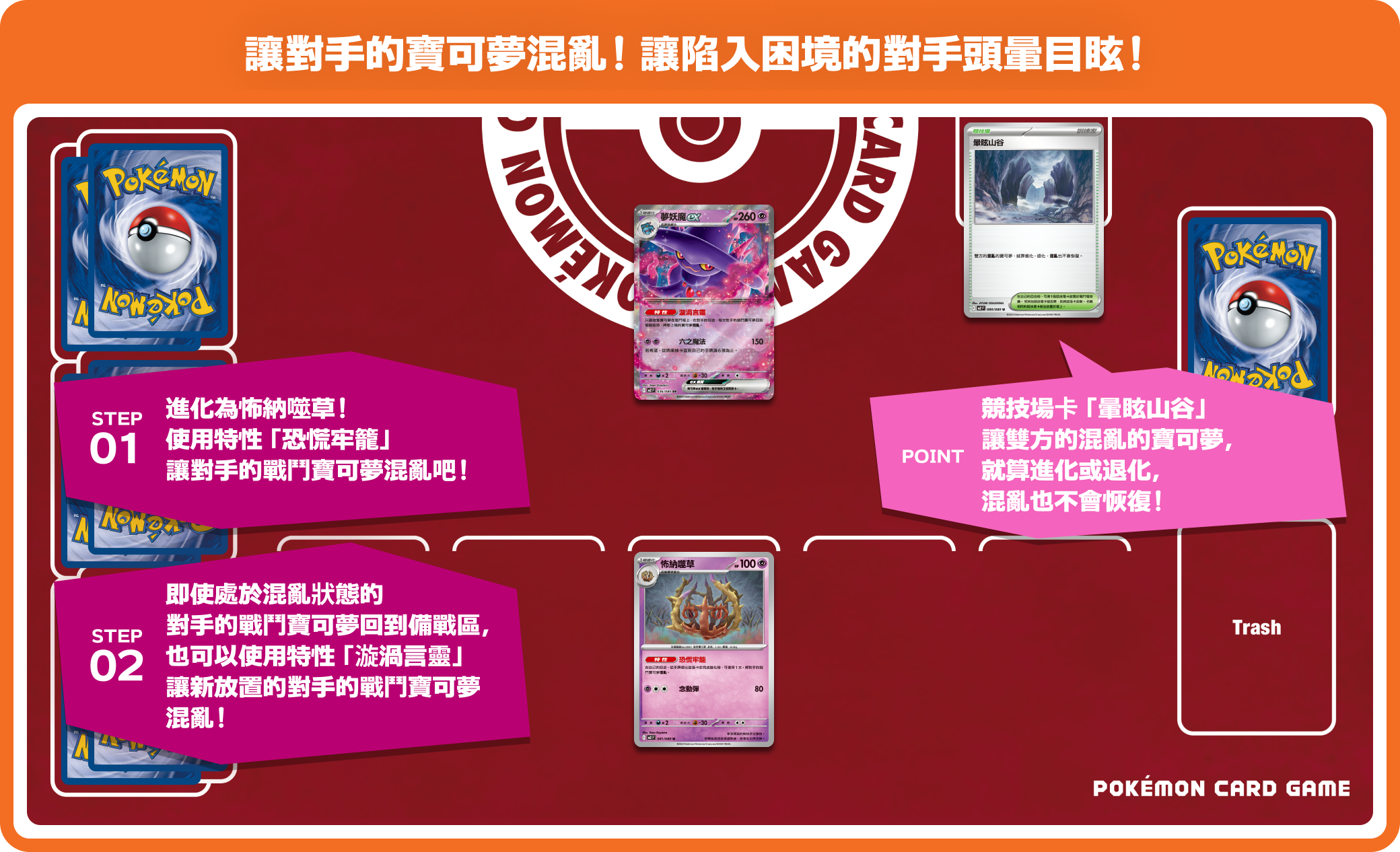 讓對手的寶可夢混亂！讓陷入困境的對手頭暈目眩！ STEP01 進化為怖納噬草！使用特性「恐慌牢籠」讓對手的戰鬥寶可夢混亂吧！ STEP02 即使處於混亂狀態的對手的戰鬥寶可夢回到備戰區，也可以使用特性「漩渦言靈」讓新放置的對手的戰鬥寶可夢混亂！ POINT 競技場卡「暈眩山谷」讓雙方的混亂的寶可夢，就算進化或退化，混亂也不會恢復！